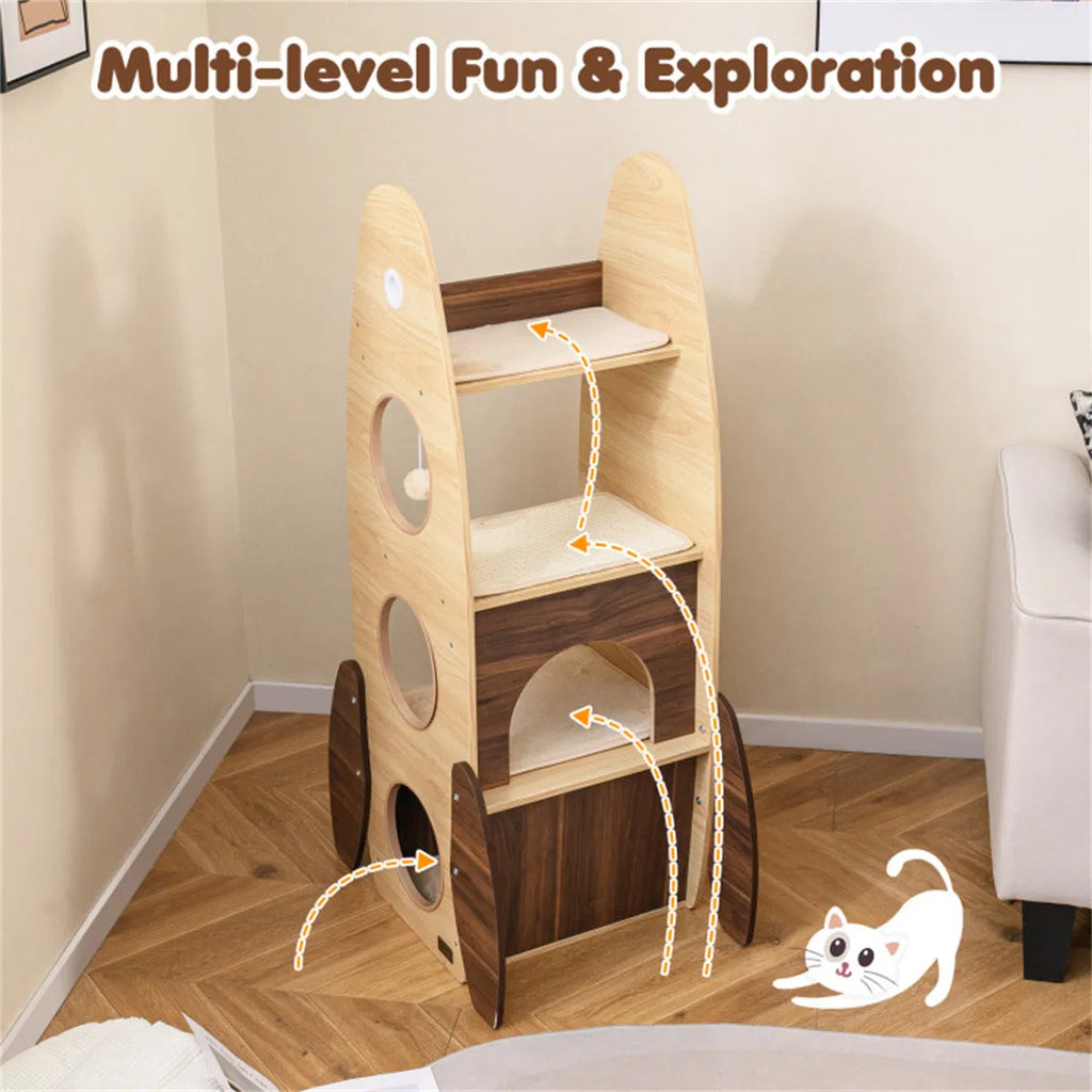 4 Tier Rocket Shape Cat Tree with 2 Tier Condo Sisal Scratch Pad Hanging Pompom - Image 2