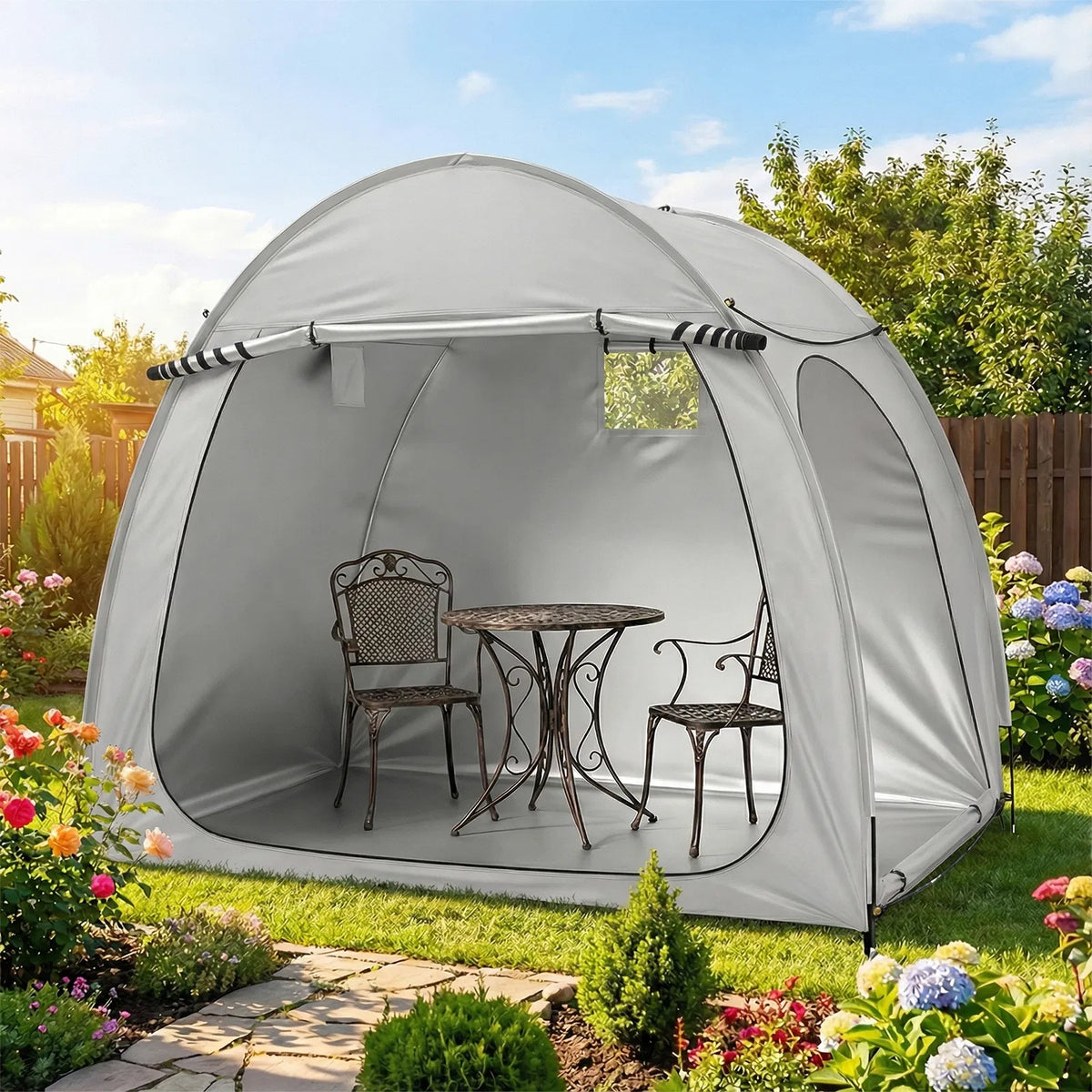 6.8x4.9FT Light Gray Arched Bicycle Storage Shed 210D PU Silver Coated Oxford - Image 3