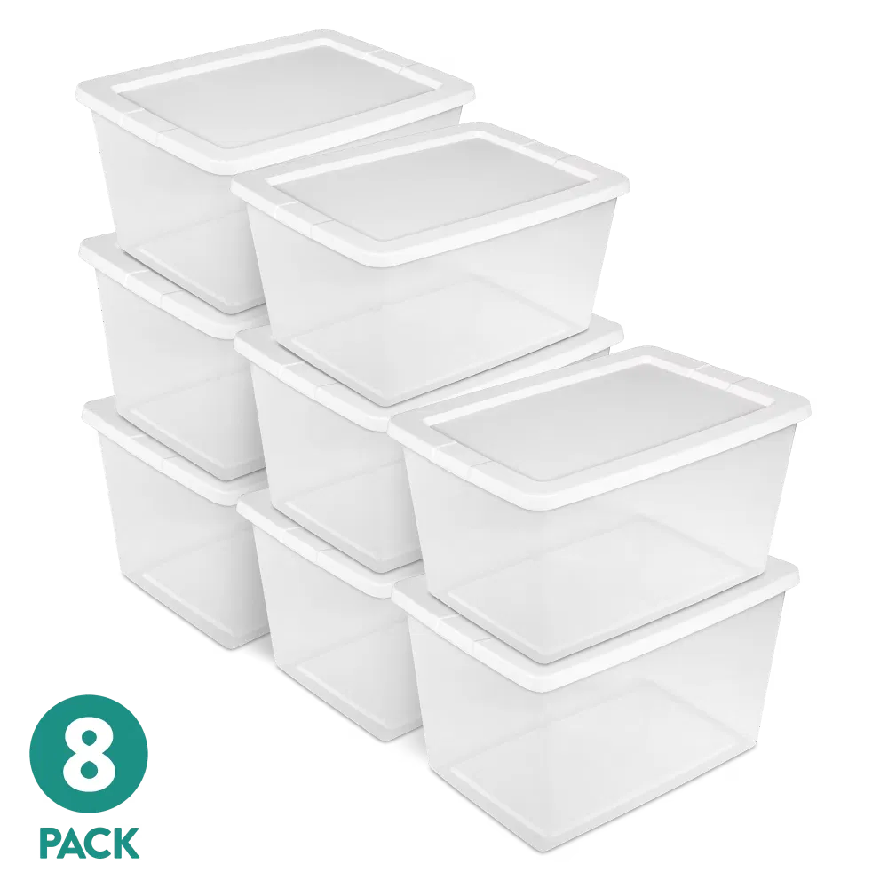 58 Quart Storage Box, Clear Plastic Storage Bin with Snap-on Lid, White, 8 - Main Front View