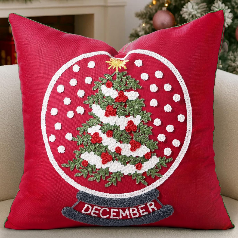 Christmas Embroidered Pillow Cover 18x18 Inch Red Globe