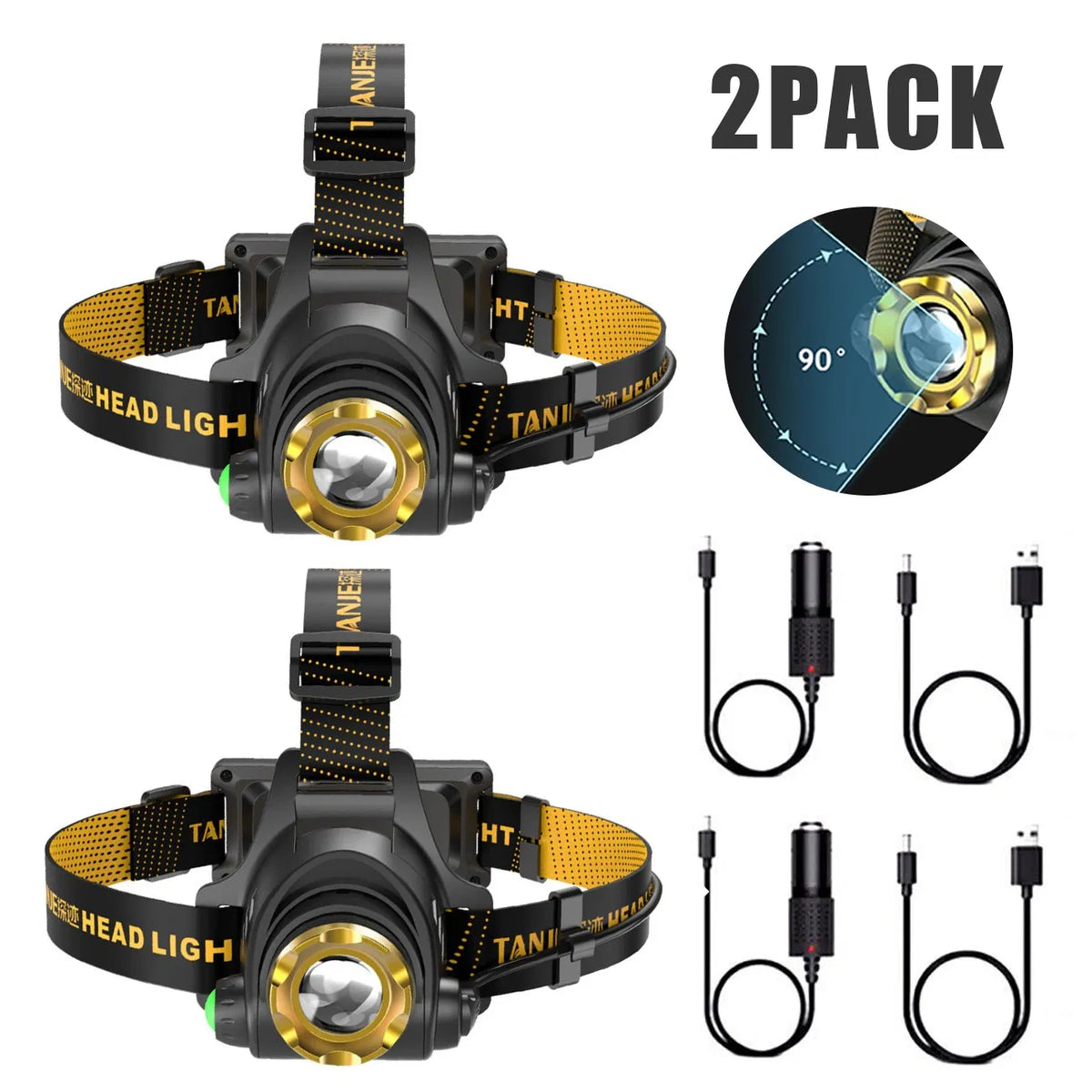 (2 Pack)USB Rechargeable LED Headlamp 3 Modes Adjustable Camping Hiking - Image 3