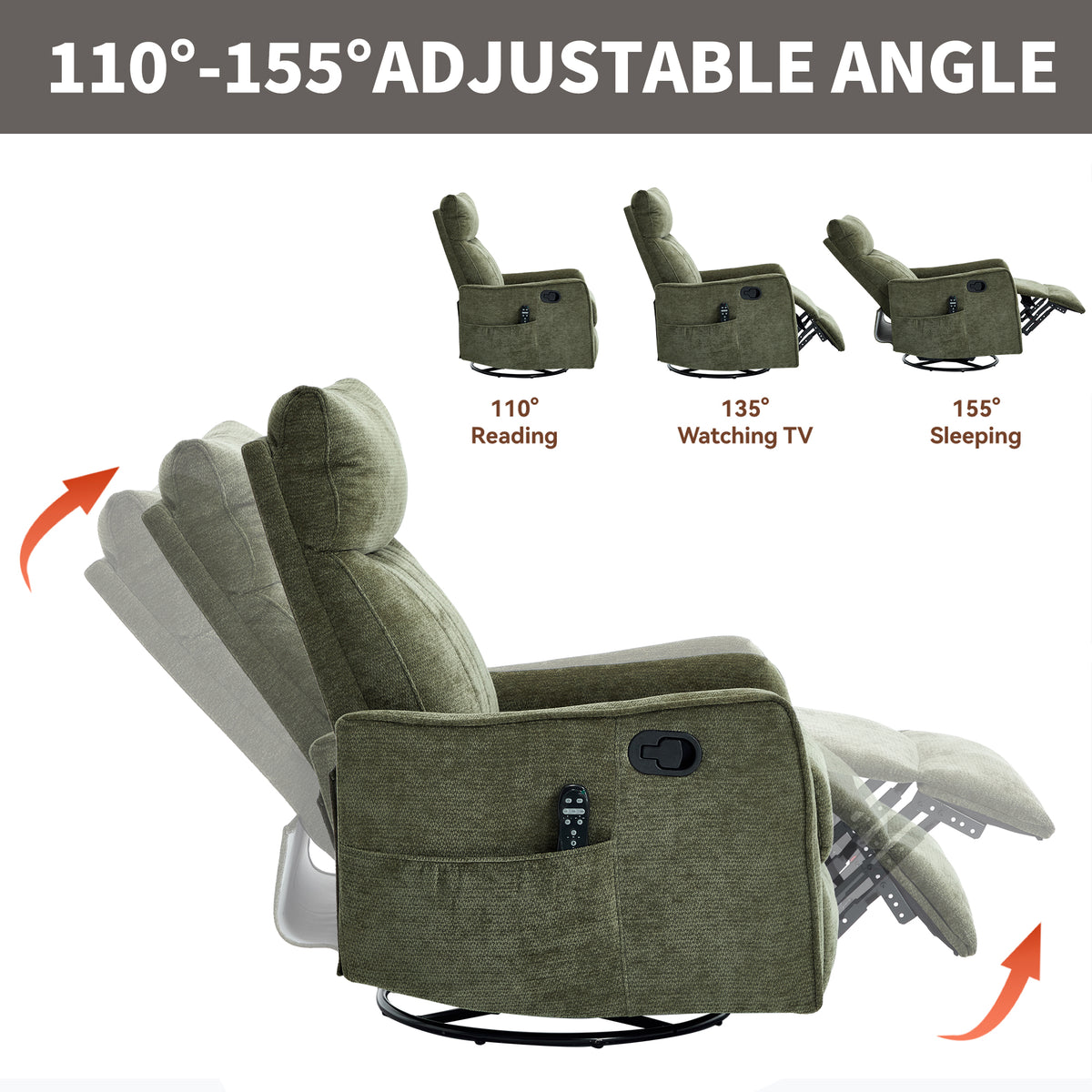 Green Heat Massage Manual Recliner Chair with Rocker and Swivel in Fabric for - Image 4