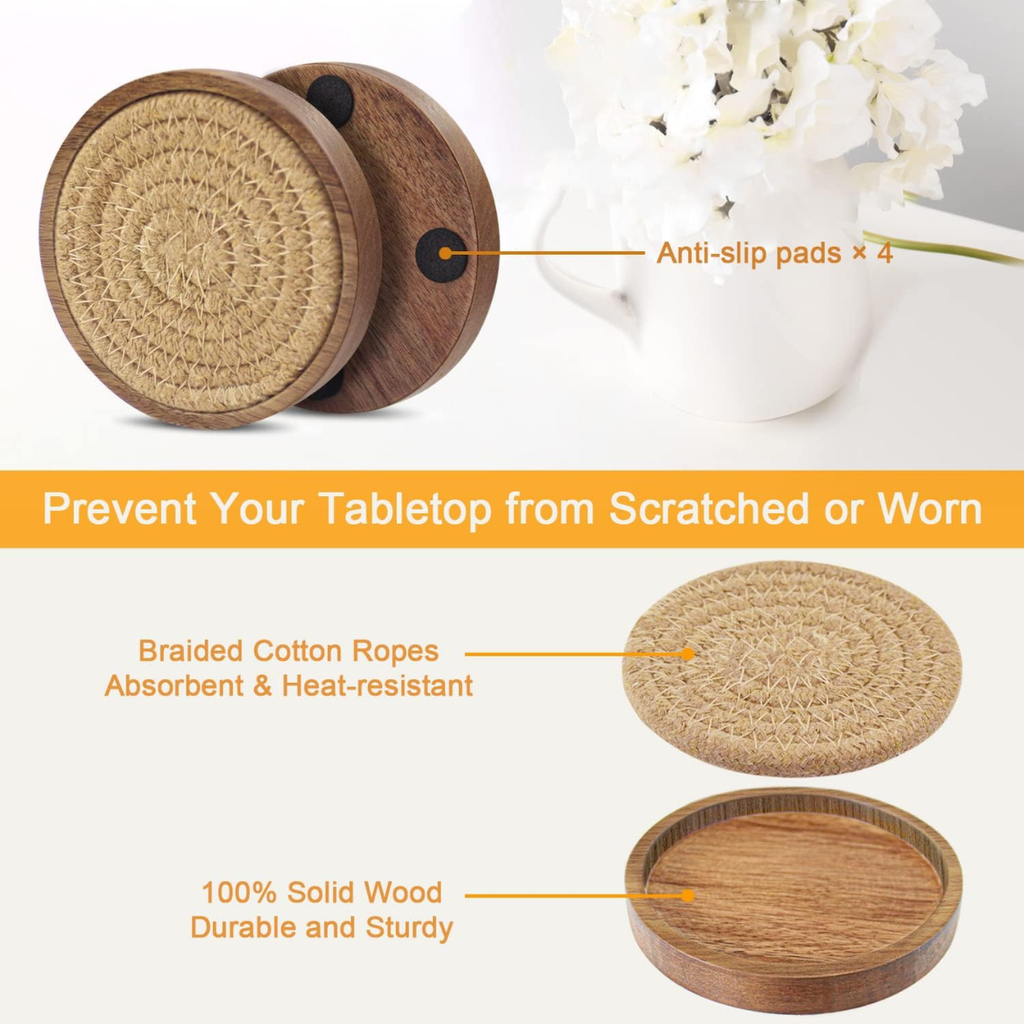 5 Pack 4 Inch Wood Drink Coasters Absorbent Woven Coaster Set For Coffee Table - Image 5
