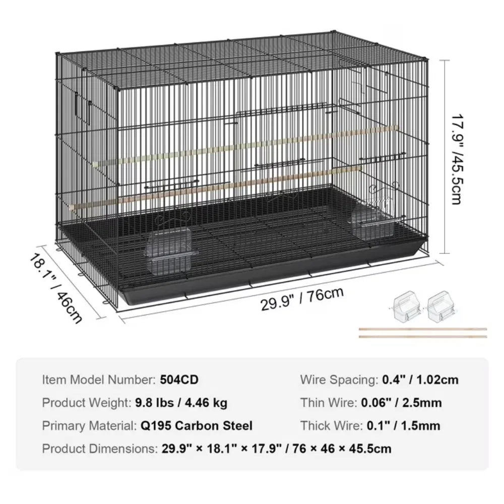30" Bird Enclosure Durable Metal Cage for Small Parrots Budgies Lovebirds