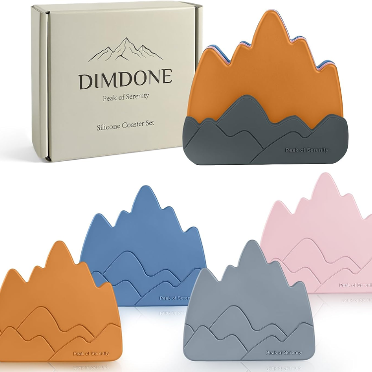 5 Piece Mountain Silicone Coaster Set With Holder Thick Waterproof Drink
