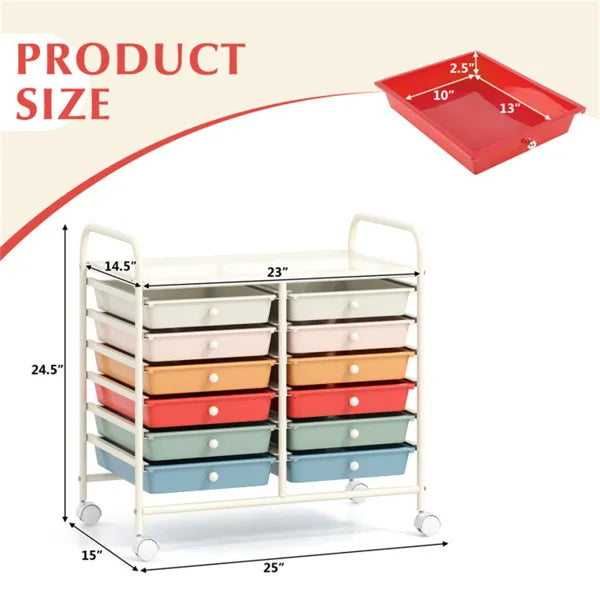 12 Drawer Rolling Storage Cart 2 Row 10 Storey Multicolor Drawers 4 Wheels - Image 3