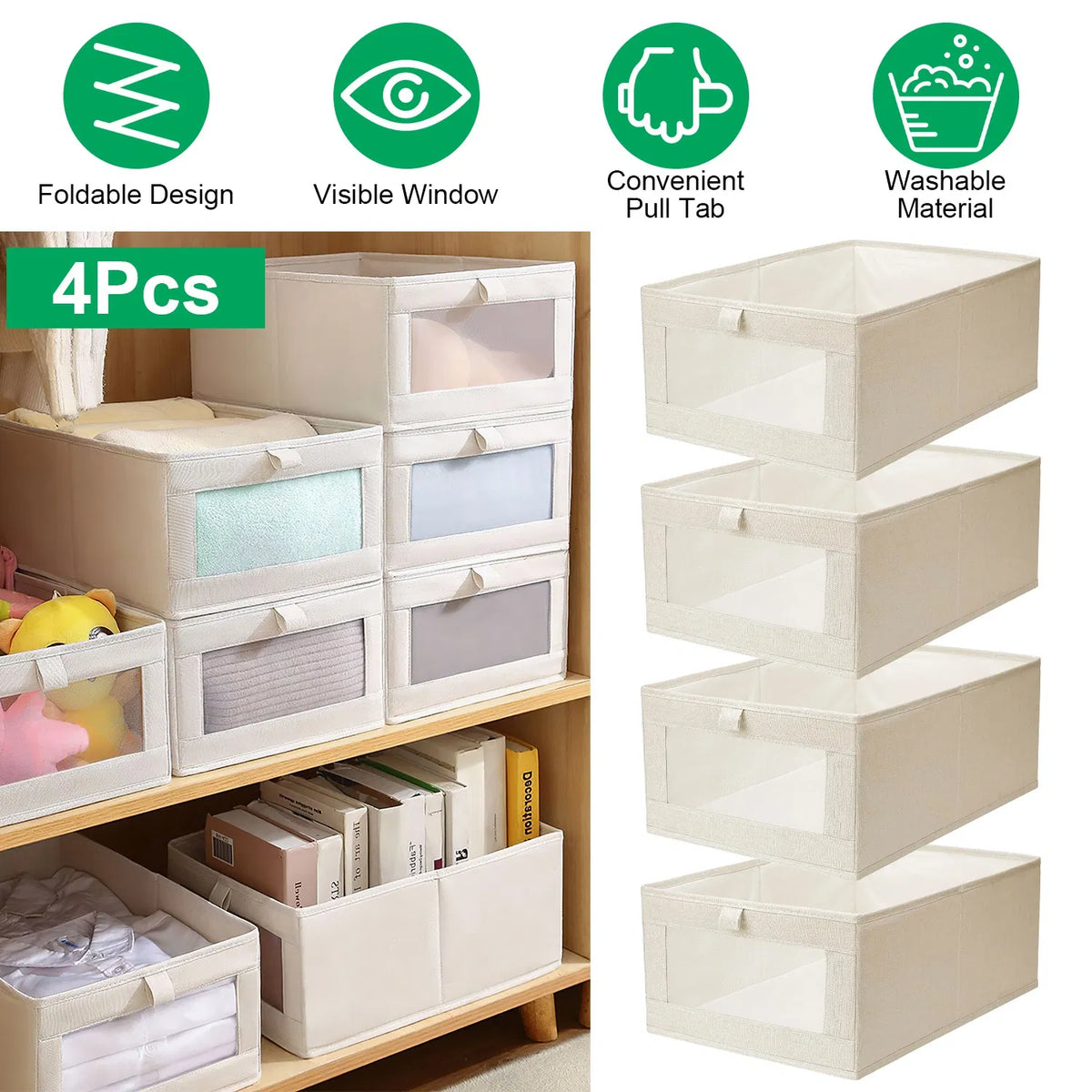 4Pcs Foldable Closet Storage Bins with Clear Window Washable Linen Fabric