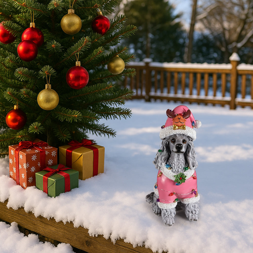 Christmas Poodle Statue Holiday Dog Figurine in Pink Santa Outfit - Image 3
