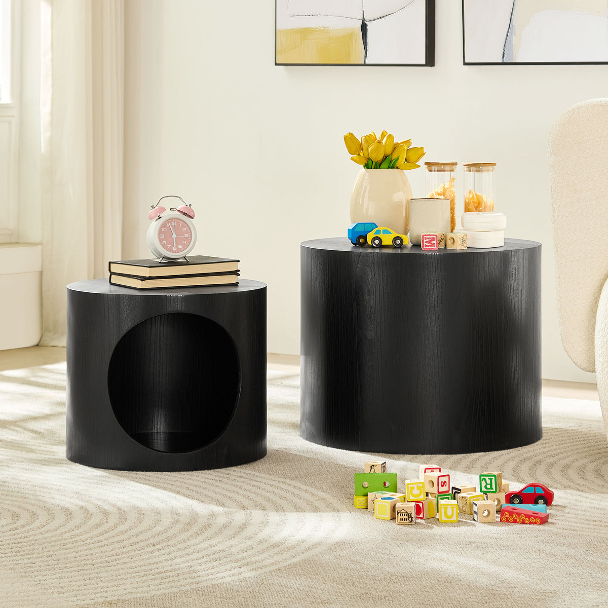 Cat Nest Nesting Stool Set Round Nesting Coffee Table Set of 2 for Living - Image 3