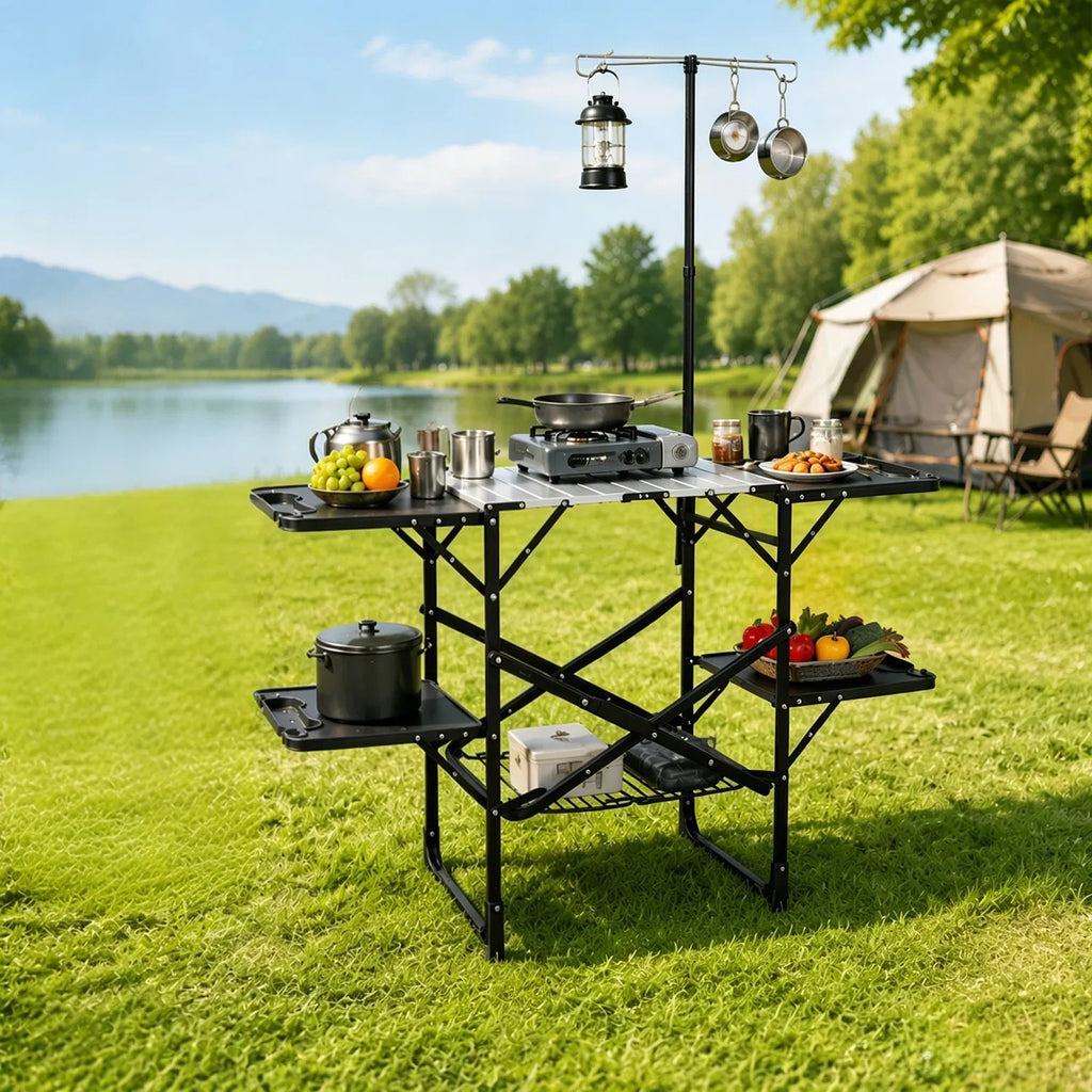 Foldaway Outdoor Cooking Table with Detachable Lamp Holder 4 Fold Side Trays - Image 4