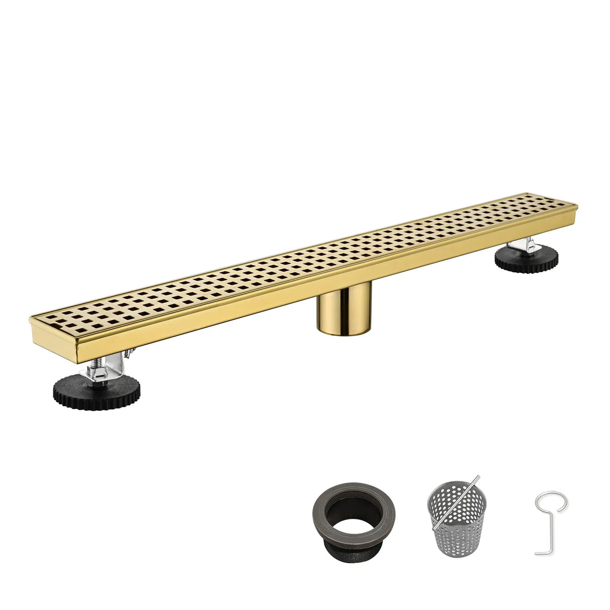 24 Inch Linear Shower Drain with Removable Square Patterned Grate 304