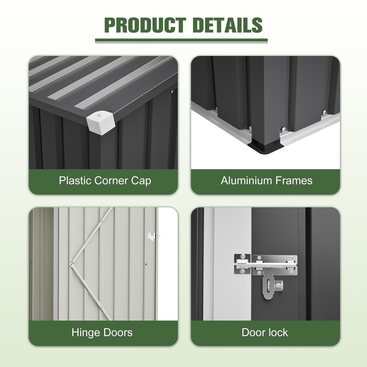 6x4ft metal outdoor storage shed with gable roof and double doors in dark gray - angle 2 detail
