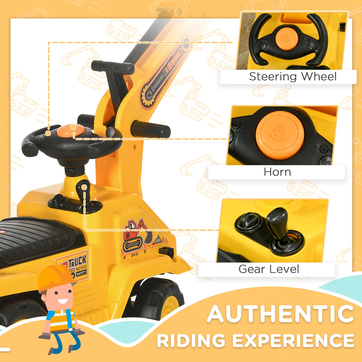 NO POWER 3 in 1 Ride On Toy Excavator Digger Scooter Pulling Cart Pretend Play