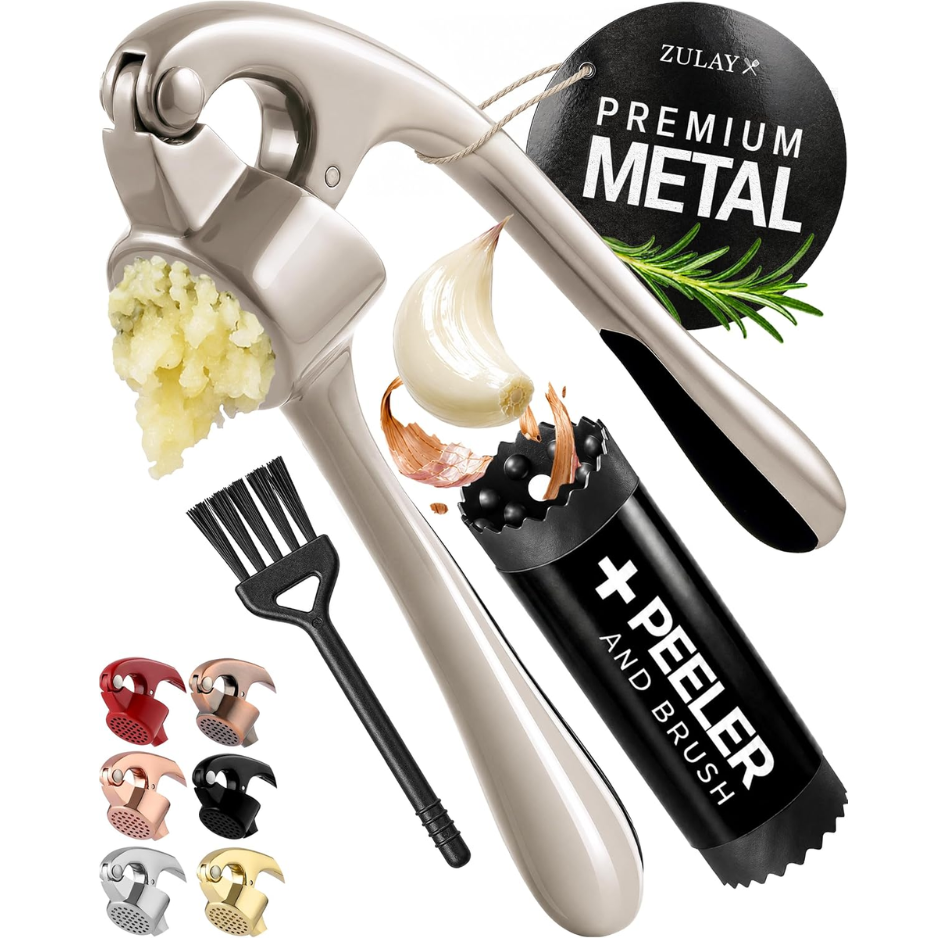 Premium Rust Proof Garlic Press Set Easy Squeeze Mincer With Silicone Peeler
