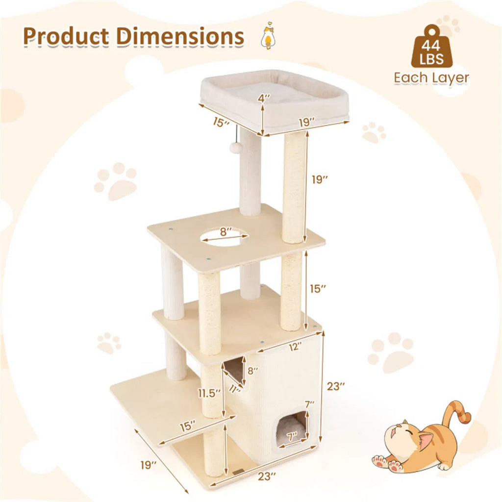 63" Wooden Cat Tree 2 Story Condo with Bamboo Interior 5 Sisal Scratching - Image 4