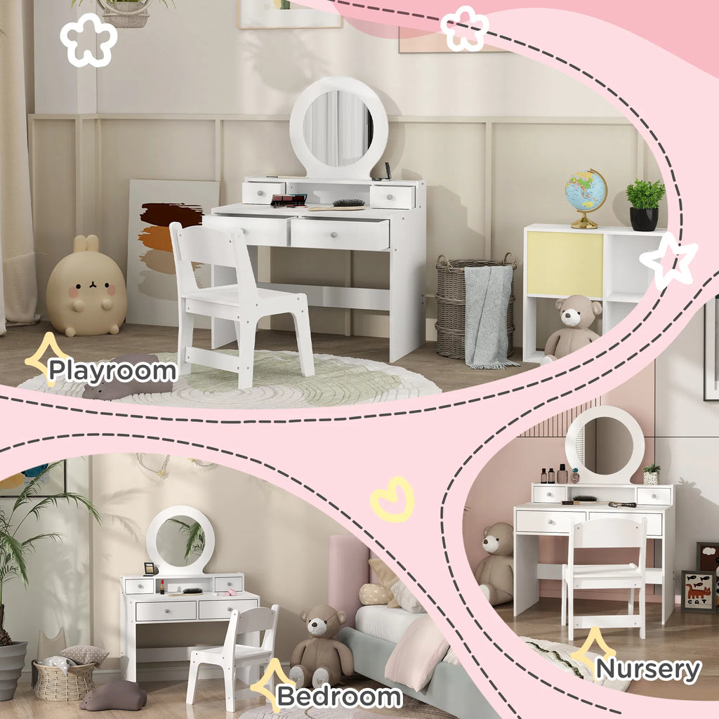 Kids Vanity Set Children Makeup Table with Mirror Stool and Storage Drawers - Image 4