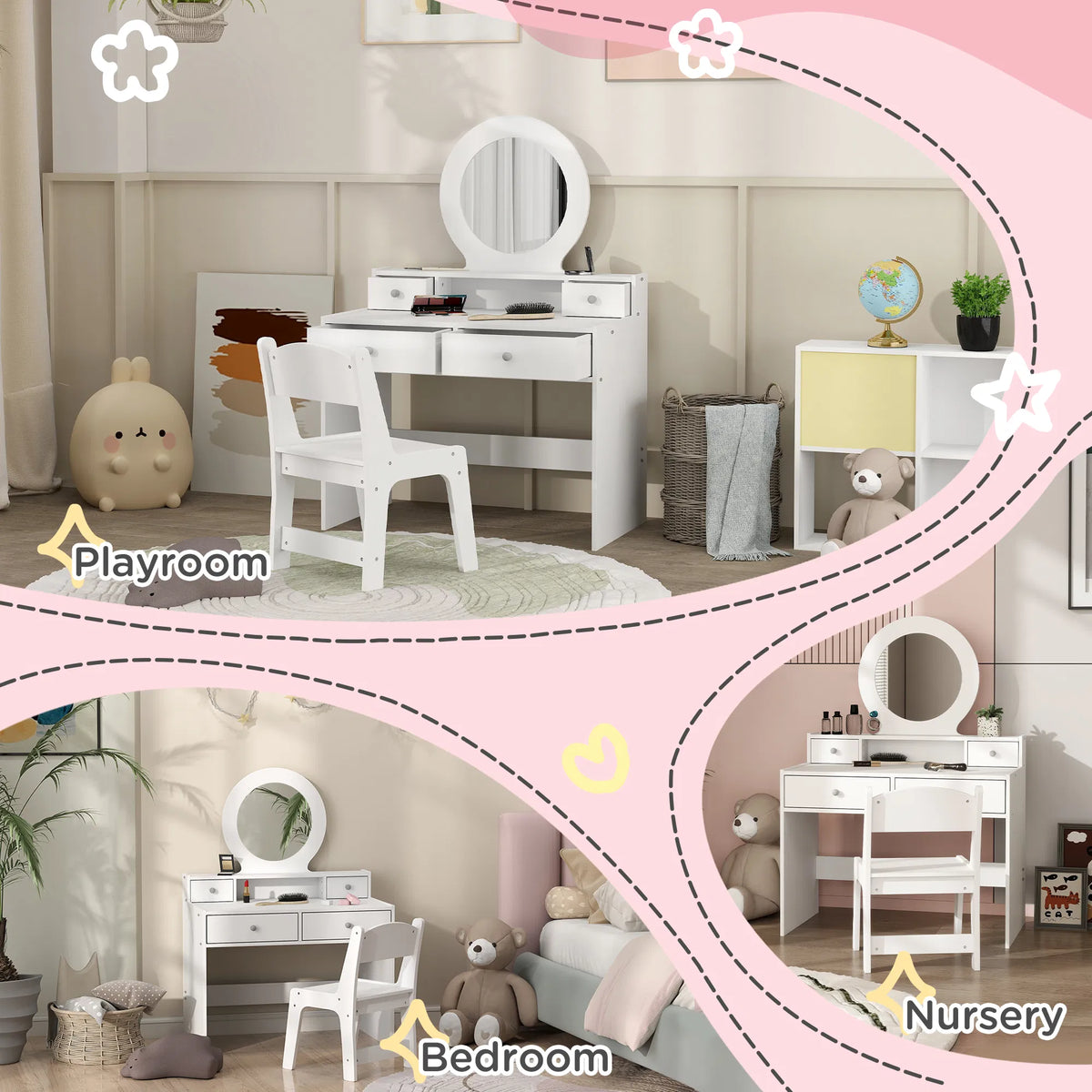 Kids Vanity Set Children Makeup Table with Mirror Stool and Storage Drawers - Image 4