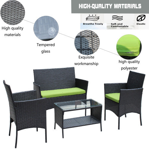 4-Piece Rattan Patio Furniture Set with Green Cushions