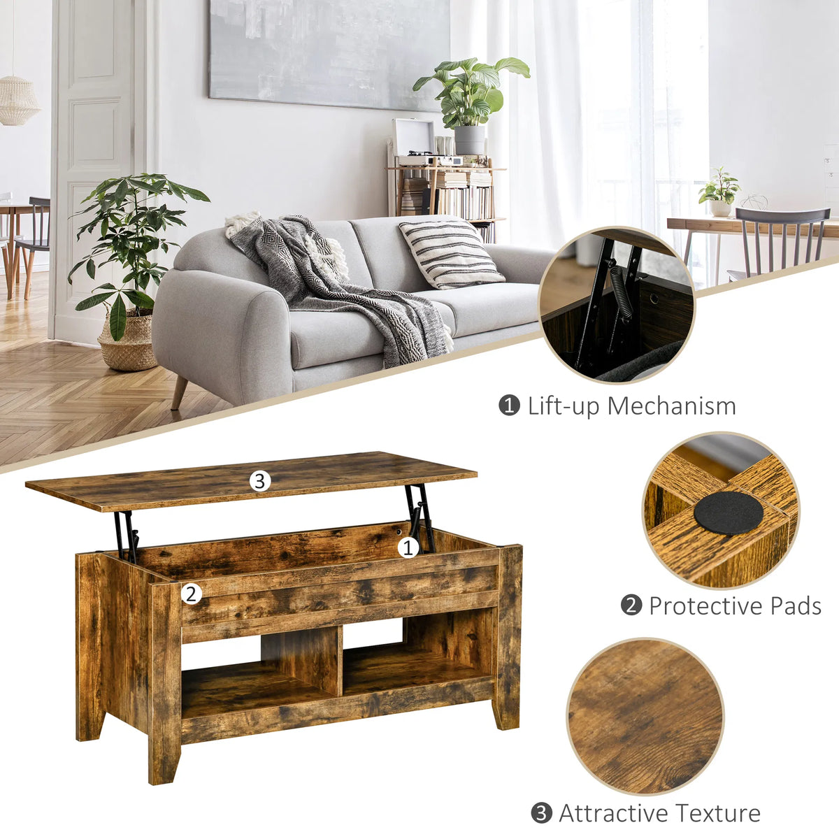 Lift Top Coffee Table with Hidden Storage Compartment and Open Shelves Lift - Image 4