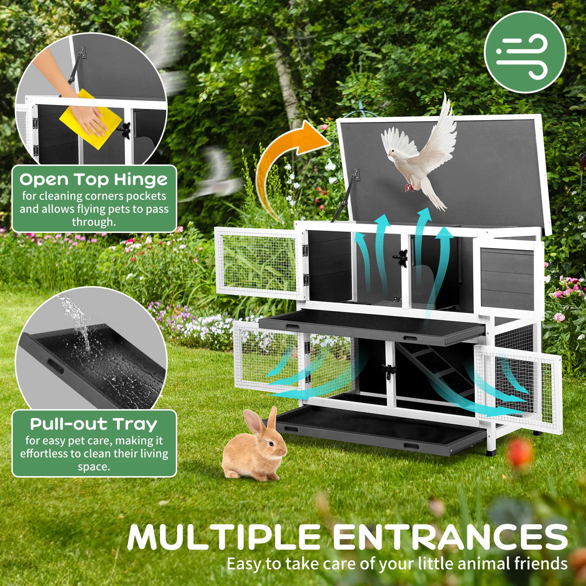 2 Story Solid Wood Rabbit Hutch Bunny Cage with 2 Large Main Rooms Indoor - Image 3