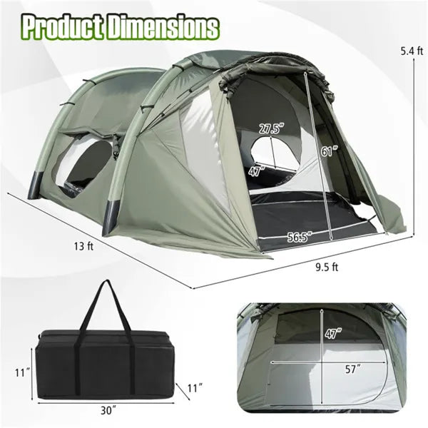 inflatable family glamping tent with dimensions and features