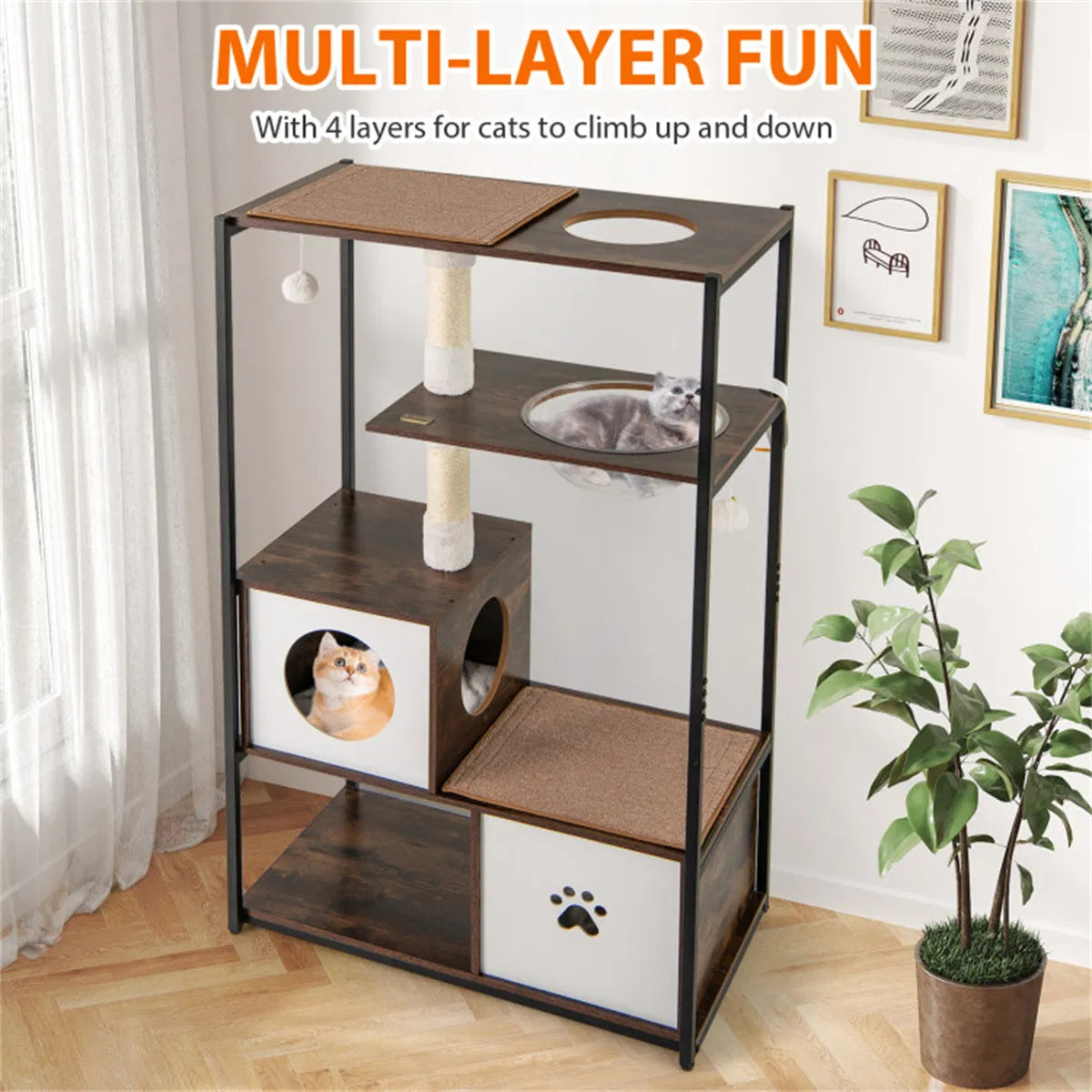 Stylish Wood Metal Cat Tree 33 lbs Per Layer Capacity 2 Private Condos + 2 - Image 4