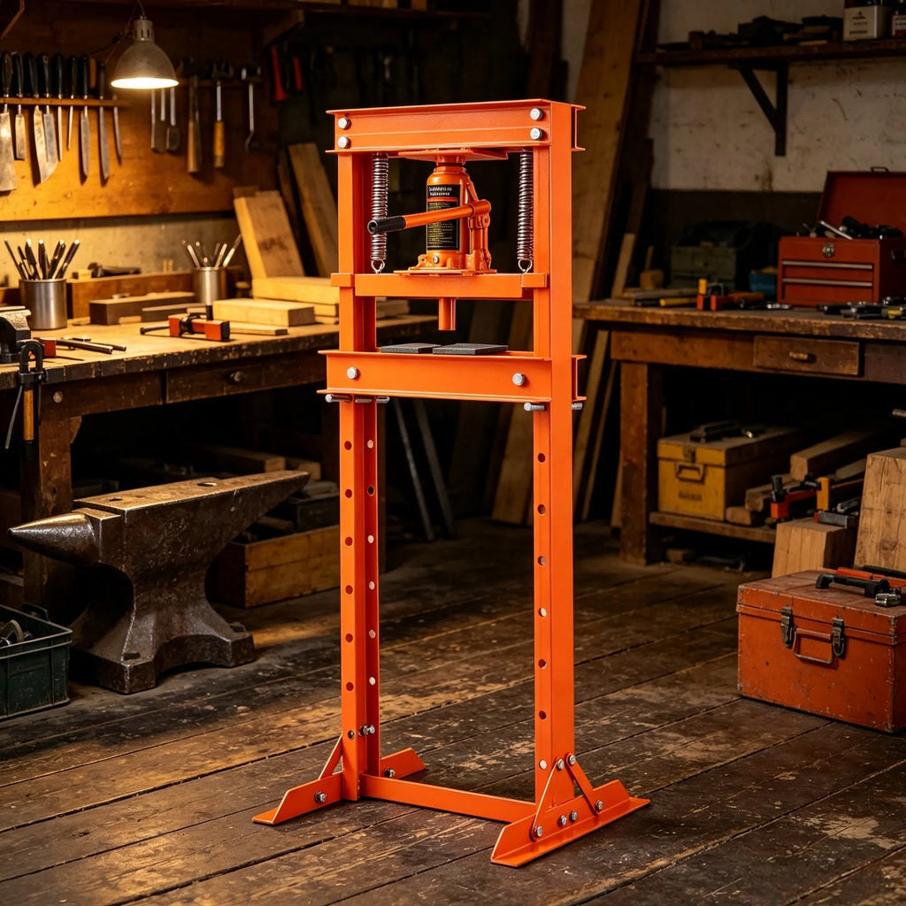 12 Ton H Frame Hydraulic Shop Press with Adjustable Floor Plates - In-Use and Feature Display