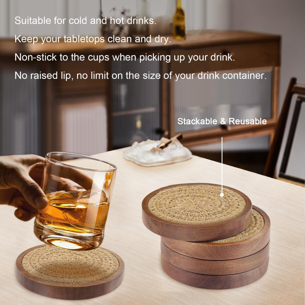 5 Pack 4 Inch Wood Drink Coasters Absorbent Woven Coaster Set For Coffee Table - Image 3