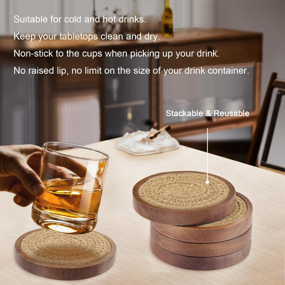 5 Pack 4 Inch Wood Drink Coasters Absorbent Woven Coaster Set For Coffee Table - Image 3