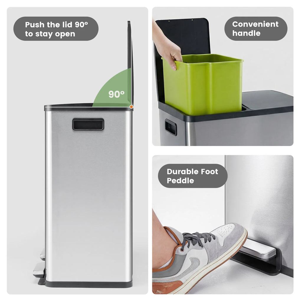 Trash Can with Lid Large 60 Liter Stainless Steel Trash Can Dual Compartment - Image 3