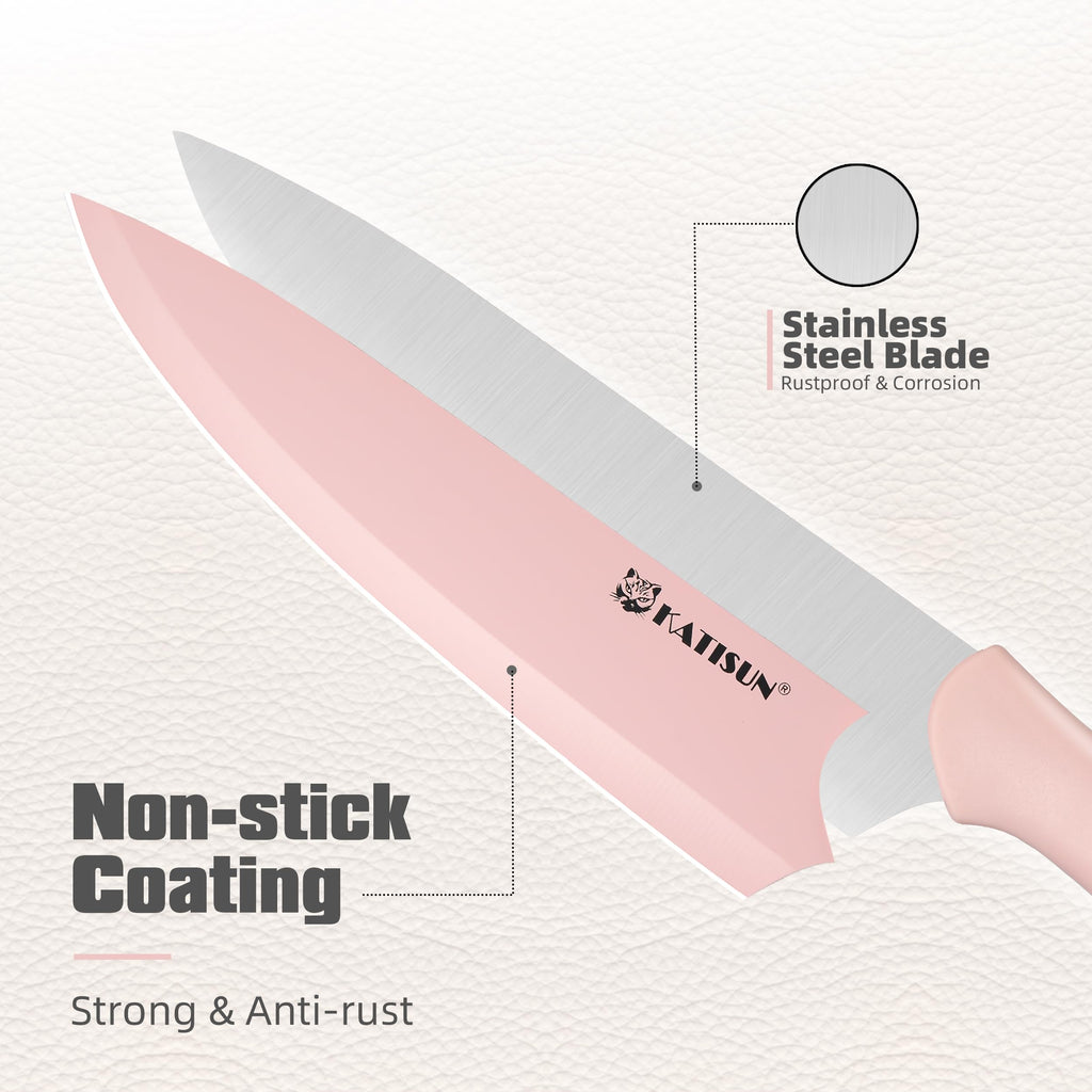 Kitchen Knife Set With Block 14 Piece Pink Non Stick Paint Coating Stainless - Image 5