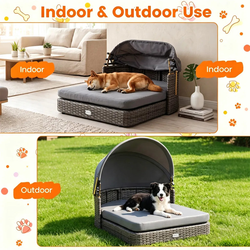 Gray Hand Woven PE Rattan Dog Bed with Adjustable Canopy Elevated Outdoor Pet - Image 4