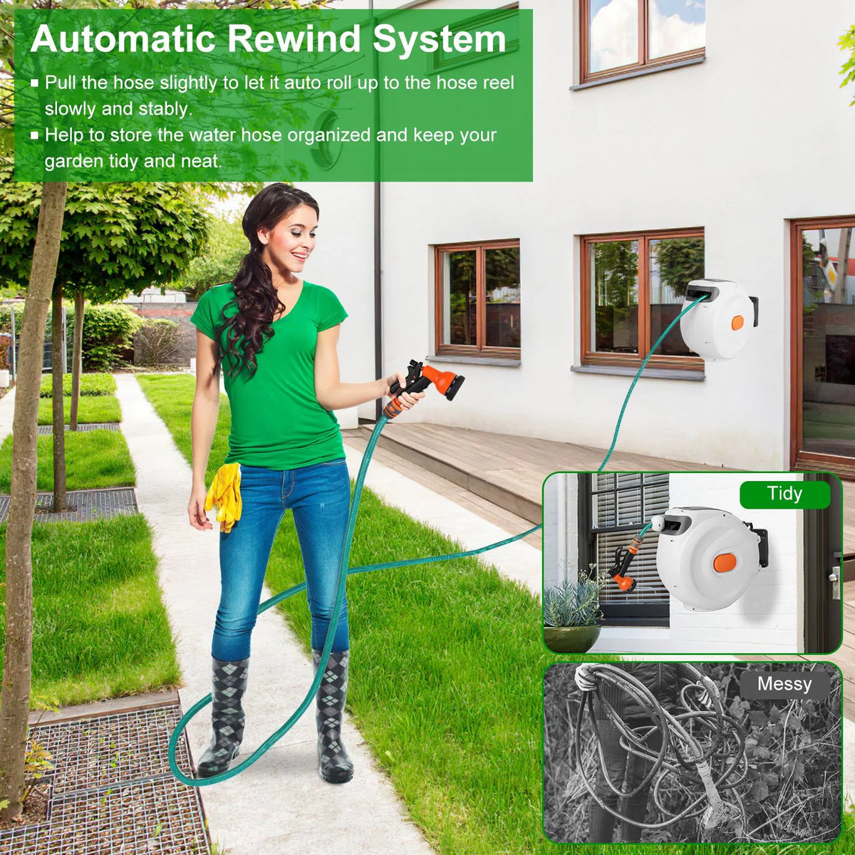 Retractable Garden Hose Reel Wall Mounted Automatic Water Hose Reel with Any - Image 3