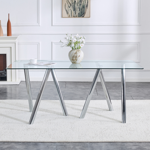 71 Inch Tempered Glass Dining Table With Sturdy Metal Legs