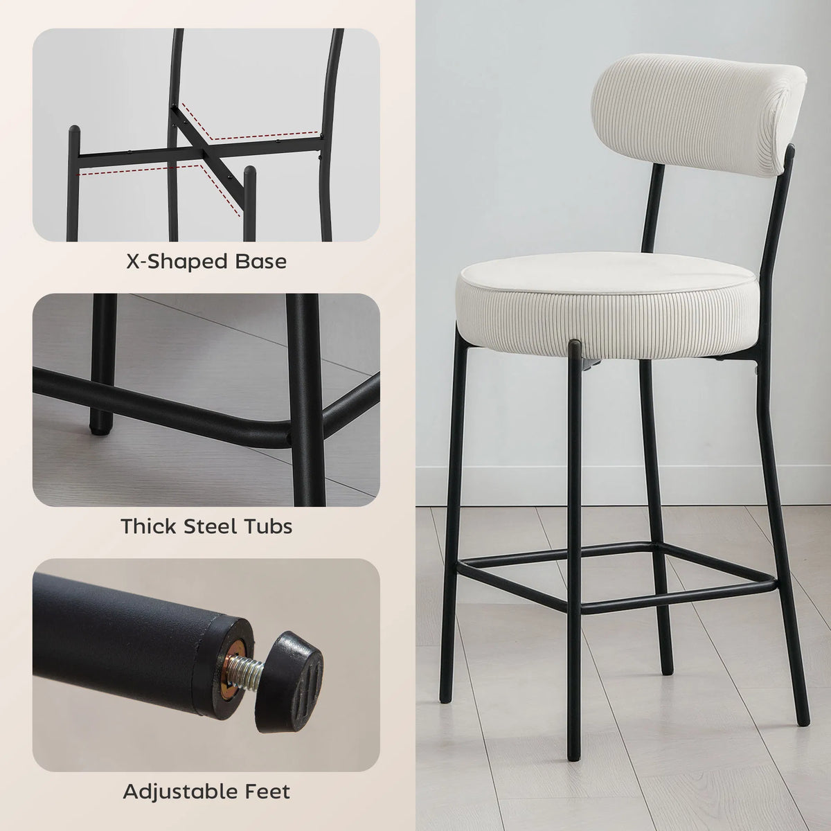 Set of 2 Barstools Upholstered Corduroy Bar Stools with Backrest Footrest for - Image 5