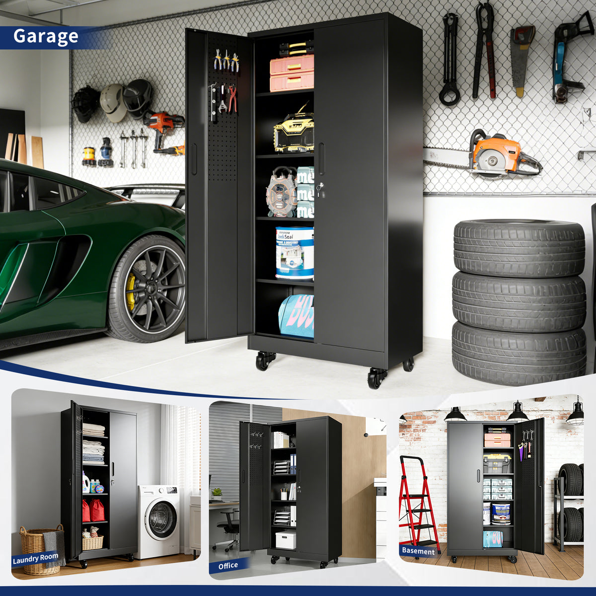 71in metal garage storage cabinet with wheels product detail