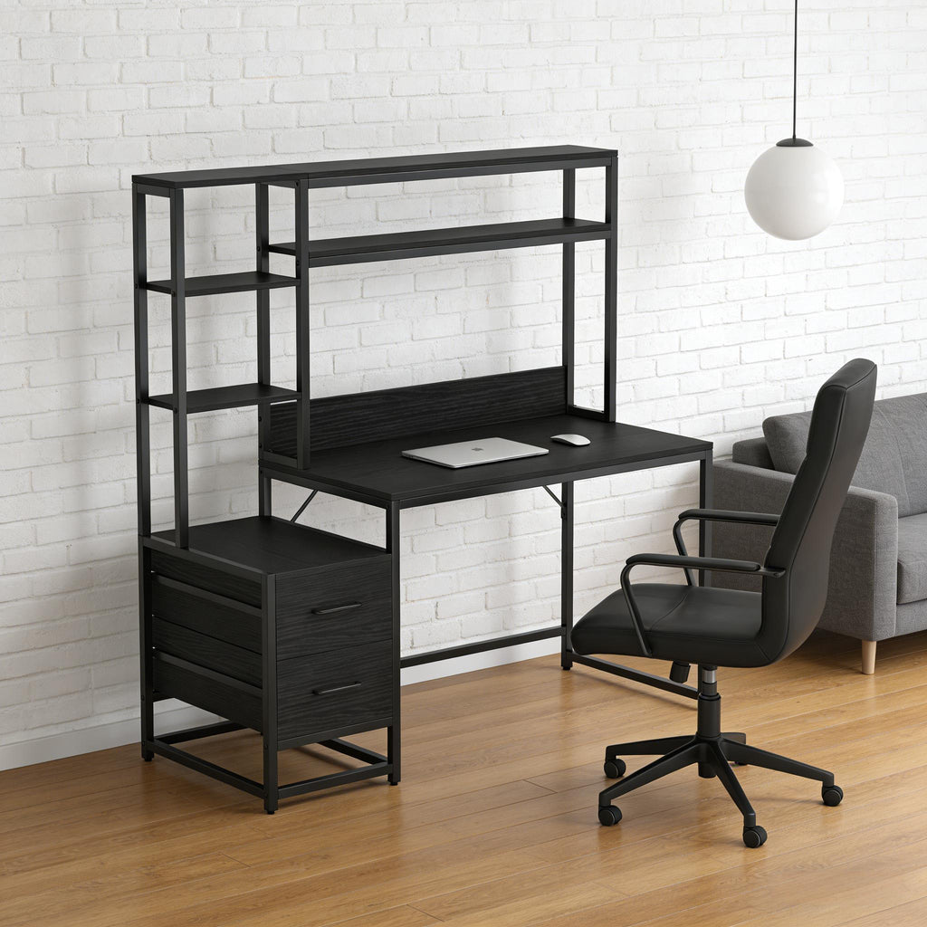 Tall Home Office Desk with Hutch, Shelves and Drawers