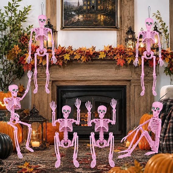 6 Piece 16 Inch Pink Halloween Skeleton Decorations With Movable Joints Eyes - Image 2