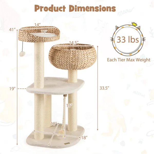 41 Inch Hand Woven Water Hyacinth Cat Tree 3 Sisal Scratching Posts
