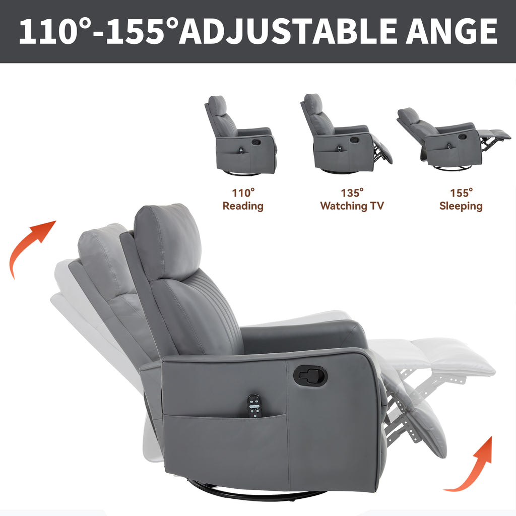 Grey Faux Leather Heat Massage Manual Recliner Chair with Rocker and Swivel for - Image 2