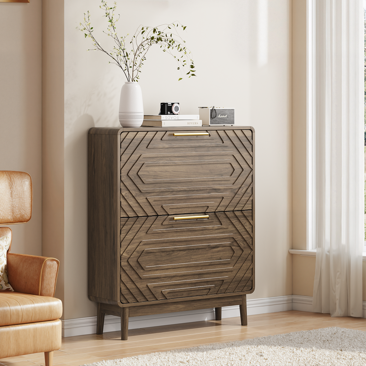 31.5-Inch Walnut Flip-Drawer Shoe Cabinet