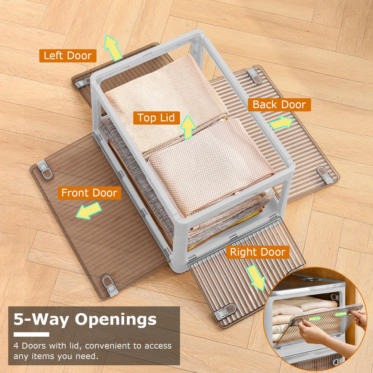 70-Quart Collapsible Stackable Storage Bin Container with Latching Doors - Structured Edge and Material Texture