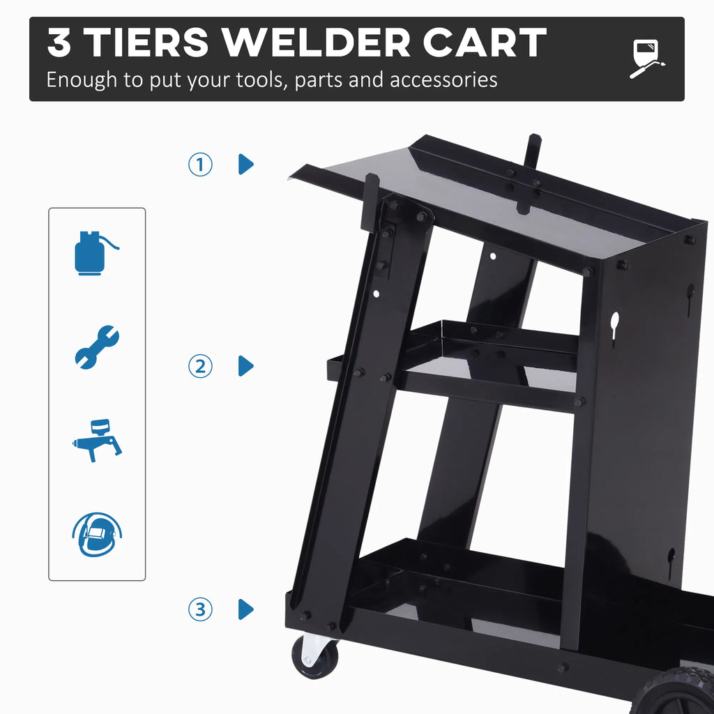 Welding Workhorse: Heavy Duty 3 Tier Welder Trolley Cart with Safety Chain Black - Image 5