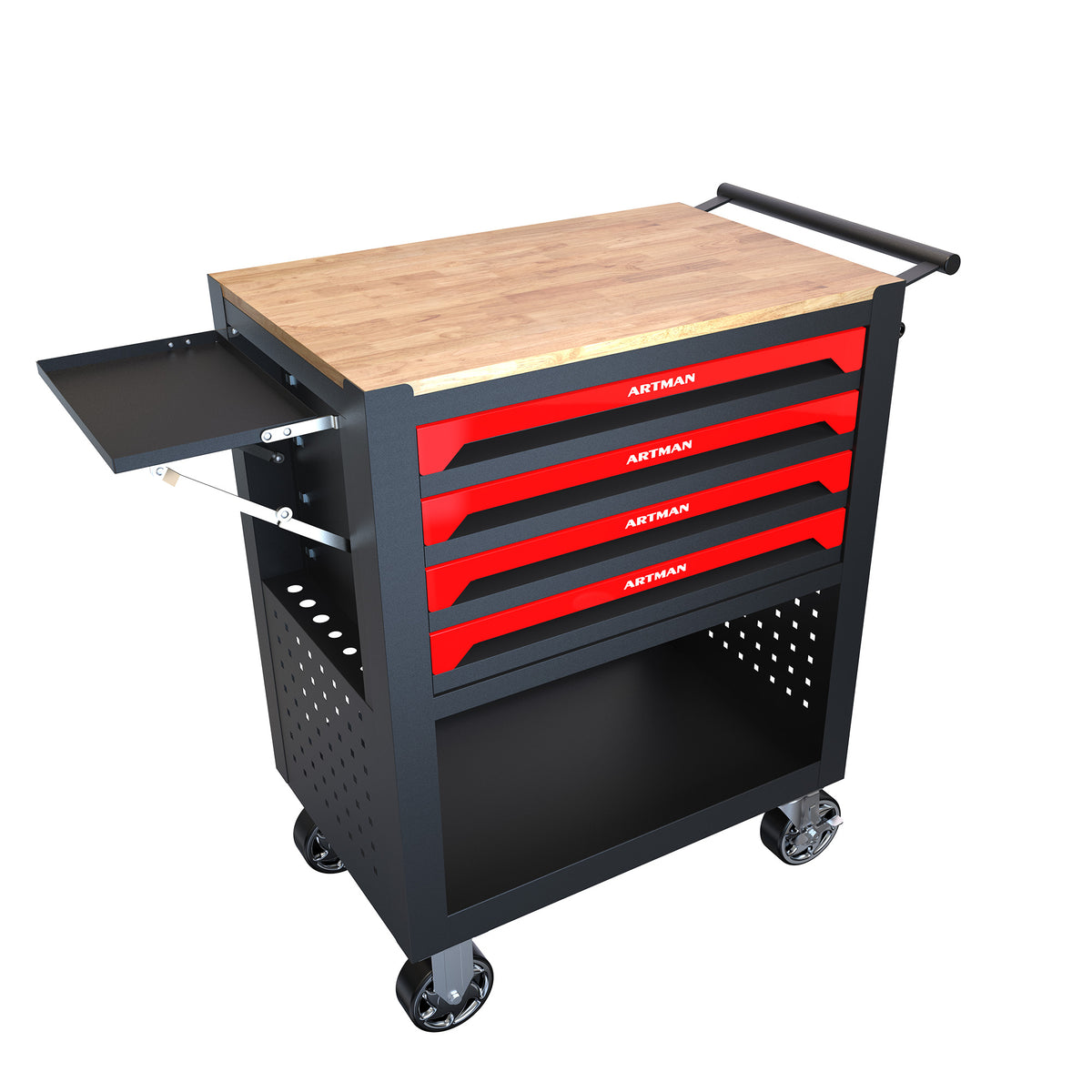4 DRAWERS MULTIFUNCTIONAL TOOL CART WITH WHEELS AND WOODEN TOP - Image 4