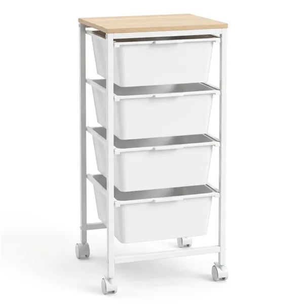 4 Drawer Rolling Storage Cart Mobile Utility Organizer With MDF Wooden Top (Natural) - Image 5
