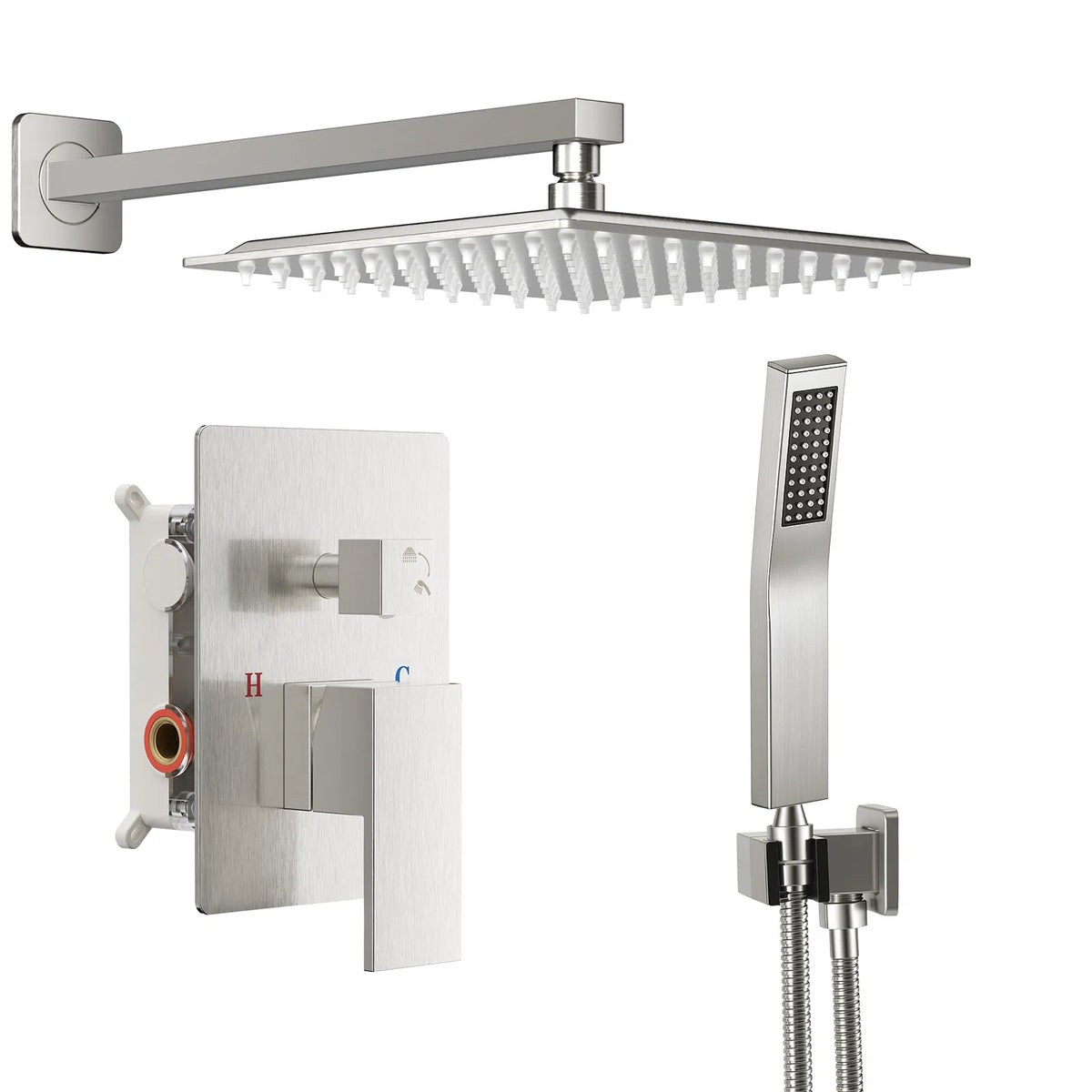 Wall mounted shower faucet set 10 12inch square overhead spray + handheld - Image 4