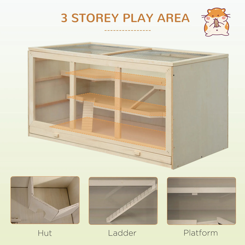 Wooden Hamster Cage Rat Cage with Slide Tray Natural Wood - Image 2