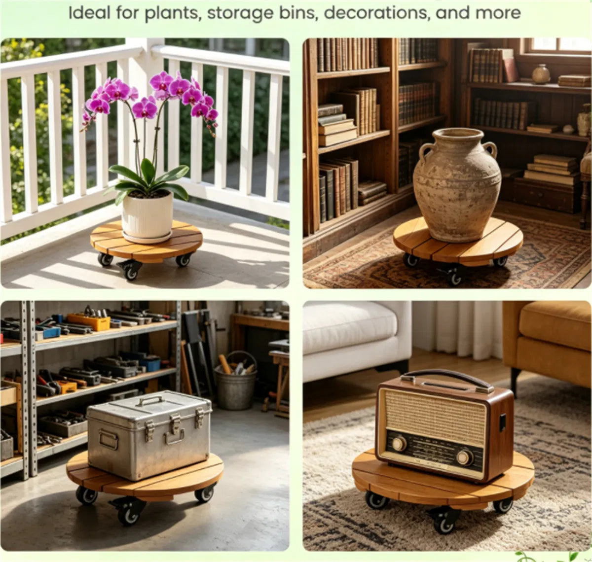 Set of 4 Natural Finish Wooden Plant Pot Mover Portable Round Plant Stand with - Image 5