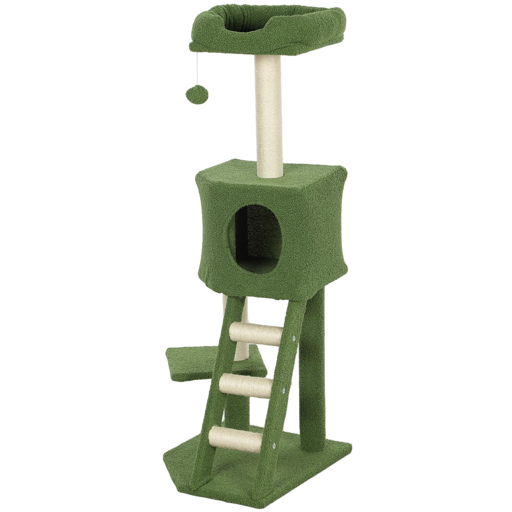 47" Tall Cat Tree Tower with Condo Ladder Scratching Posts and Hanging Ball Green - Image 4