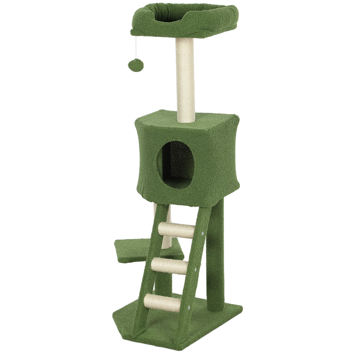 47" Tall Cat Tree Tower with Condo Ladder Scratching Posts and Hanging Ball Green - Image 4